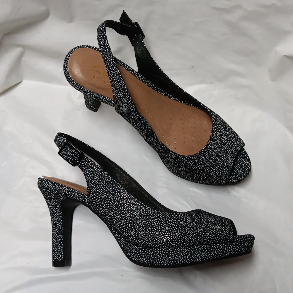 Clarks Black and White Patterned Slingback Heels